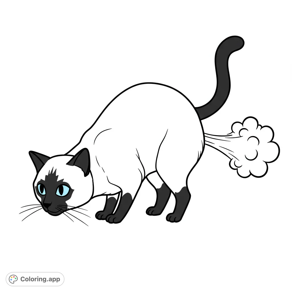 A hilarious Siamese cat in a crouching pose, comically letting out a cloud of gas. A funny and unique coloring page for all ages!