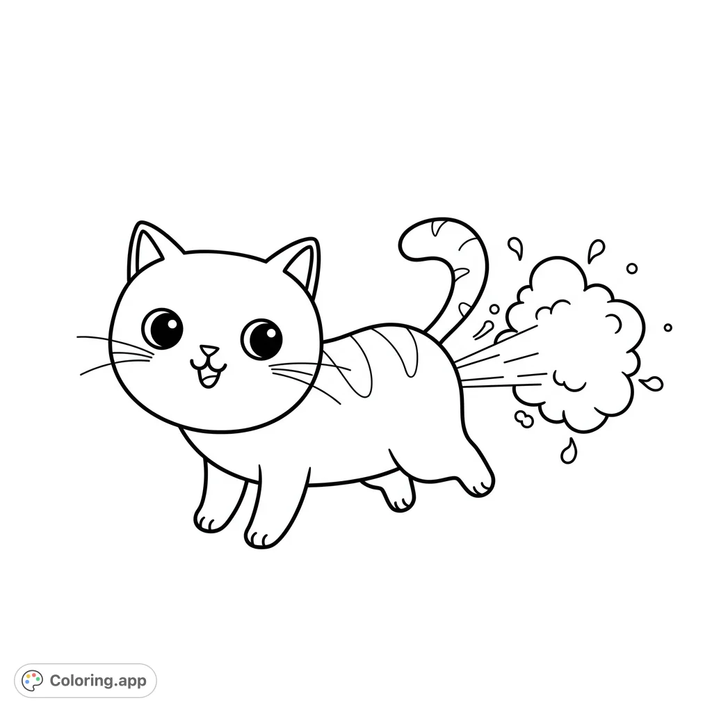 A hilarious and cute cat coloring page featuring a playful feline letting out a funny gas cloud. Perfect for kids and a good laugh!