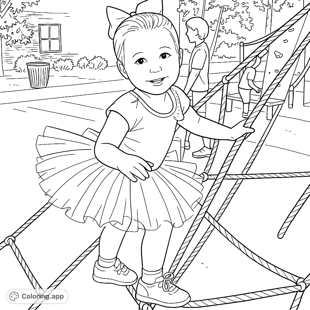 A joyful ballerina child climbs a playground net, surrounded by a park scene. Perfect for kids to color and explore creativity!