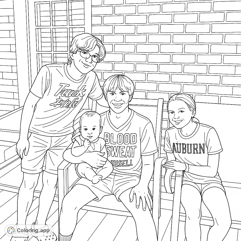 A heartwarming family portrait coloring page featuring four smiling individuals, including a baby, on a cozy porch with a brick wall background.