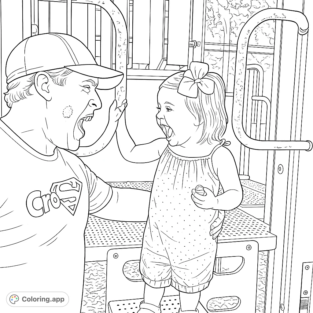 A heartwarming playground scene featuring a man and child sharing a joyful, expressive moment. Perfect for a fun family coloring page.