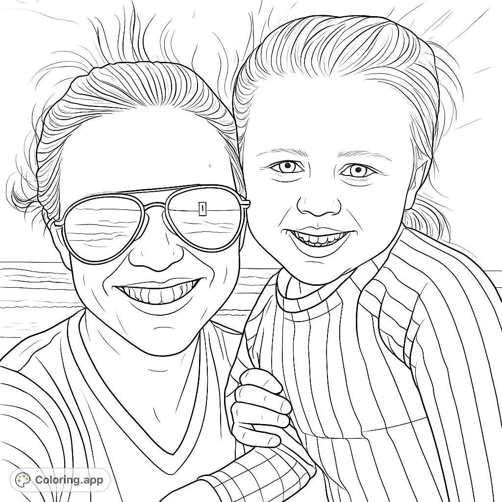 A heartwarming family portrait coloring page featuring a smiling adult in sunglasses and a joyful child, perfect for a free printable coloring page.