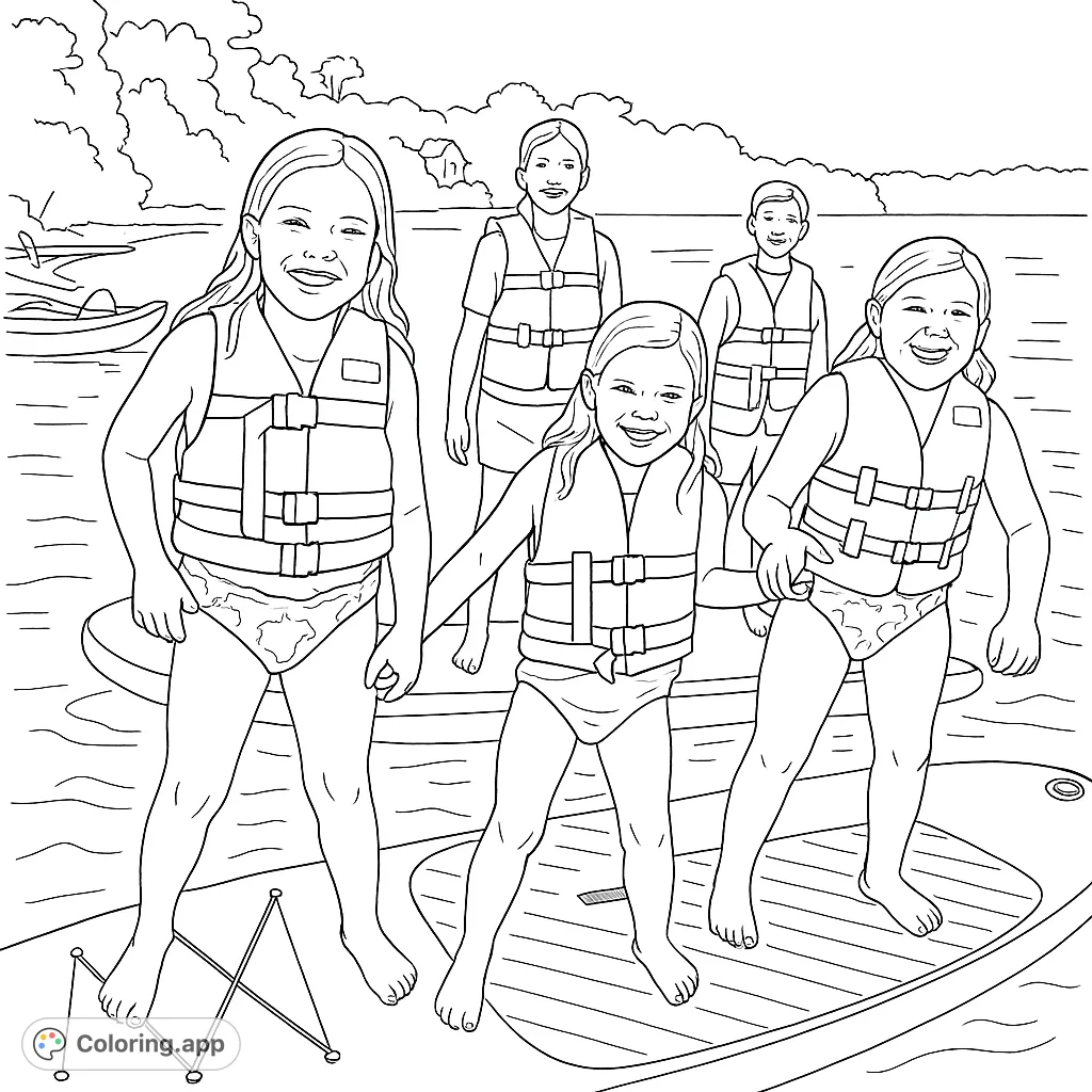 Joyful kids and adults in life vests enjoy a sunny lake day. Perfect free printable water sports coloring page for family fun and summer adventures.