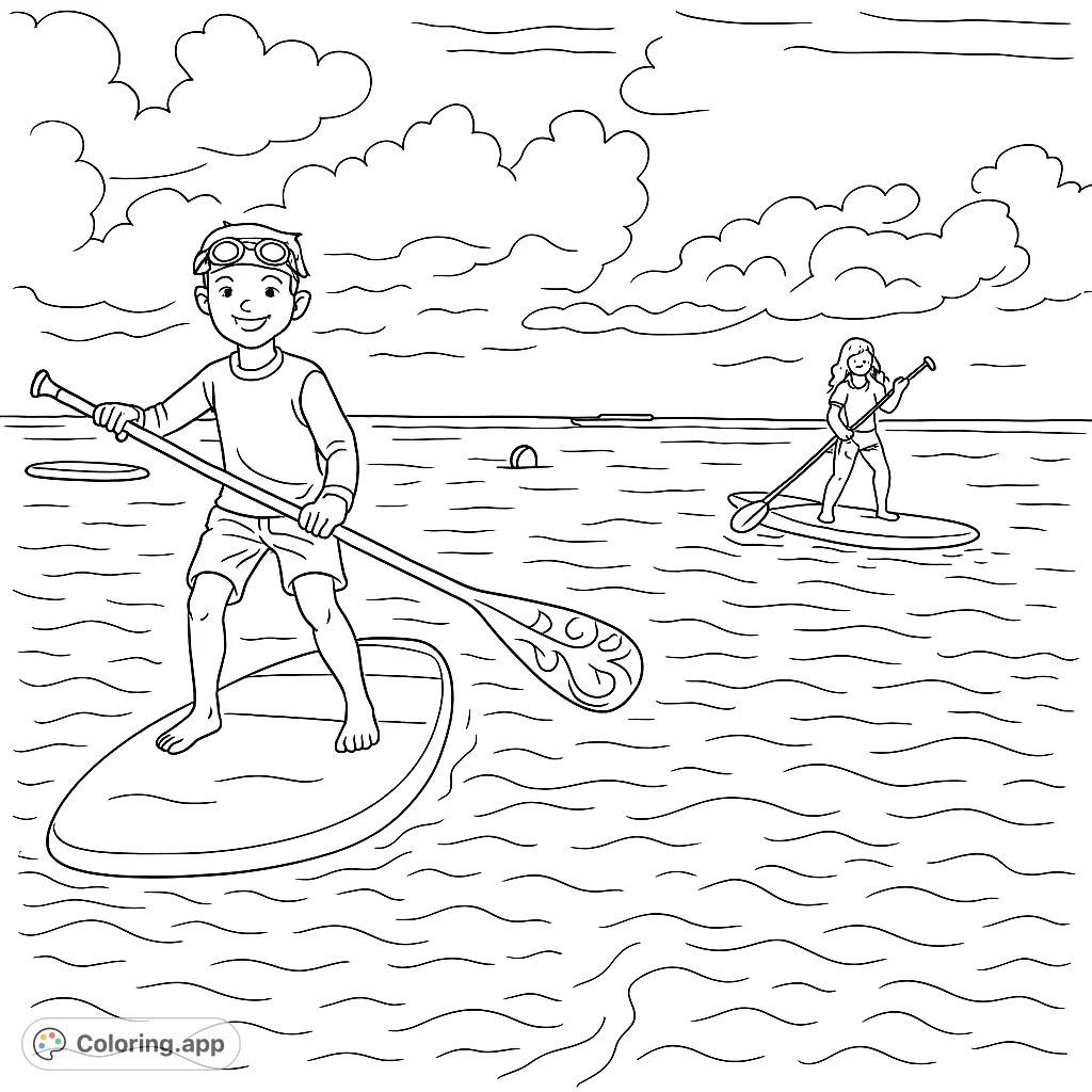 A fun paddleboarding scene featuring a boy and girl on the water, with wavy lines and fluffy clouds. Perfect for a summer activity coloring page.