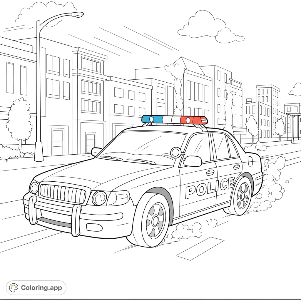 Dynamic police car coloring page speeding through a city street. Features a detailed vehicle with light bar and urban background.