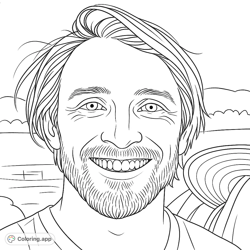 A joyful portrait of a smiling man, perfect for a free printable coloring page. Features detailed hair, beard, and a happy expression for all ages.
