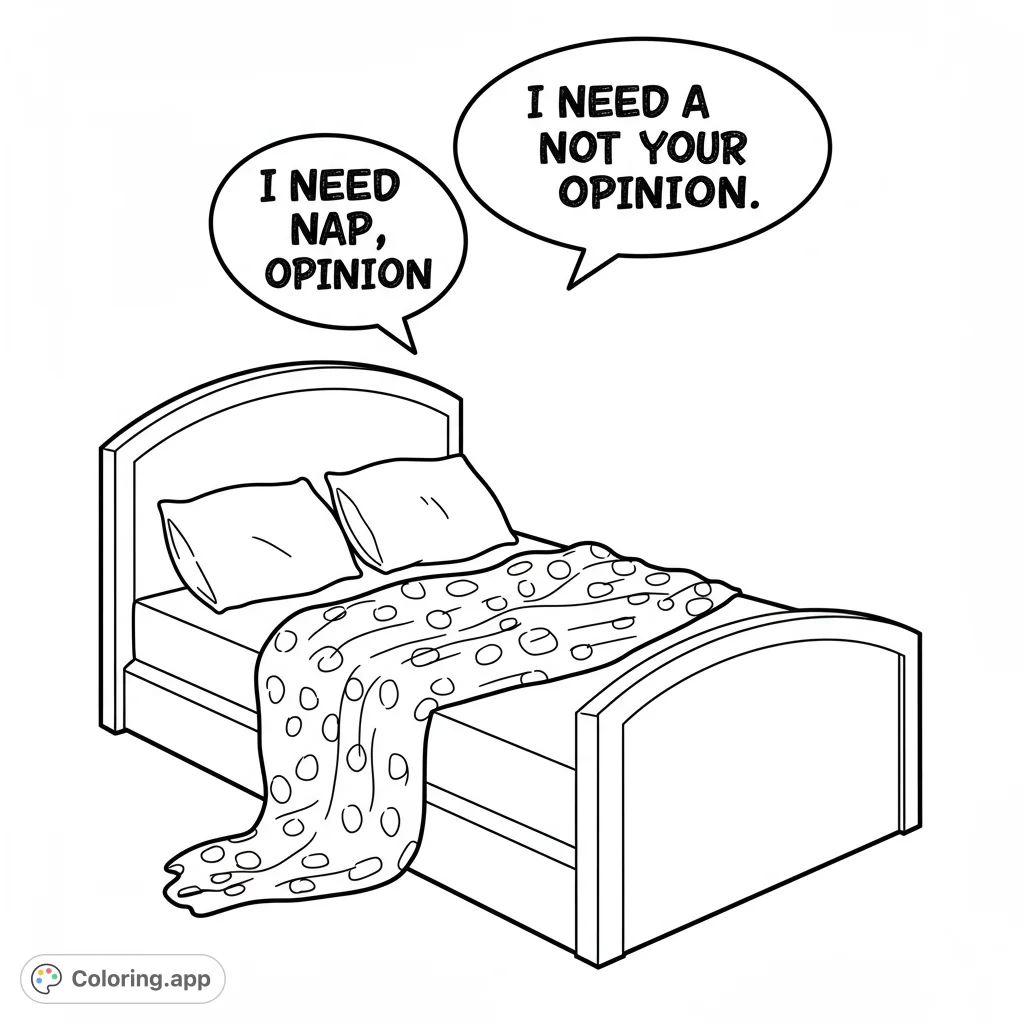 A cozy bed with plump pillows and a patterned blanket, inviting relaxation. Perfect for a calming, free printable coloring page.