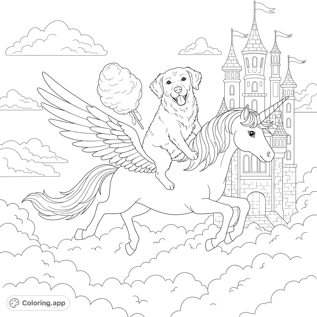 A delightful golden retriever rides a majestic winged unicorn through fluffy clouds, holding cotton candy, with a grand castle in the background. A magical adventure awaits!