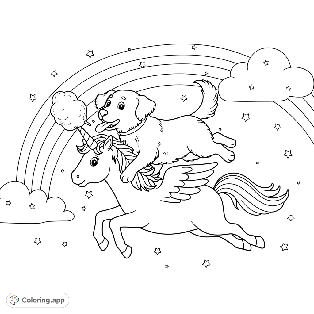 A whimsical unicorn and dog flying over a rainbow with stars. This magical unicorn coloring page is perfect for a fantastical adventure.