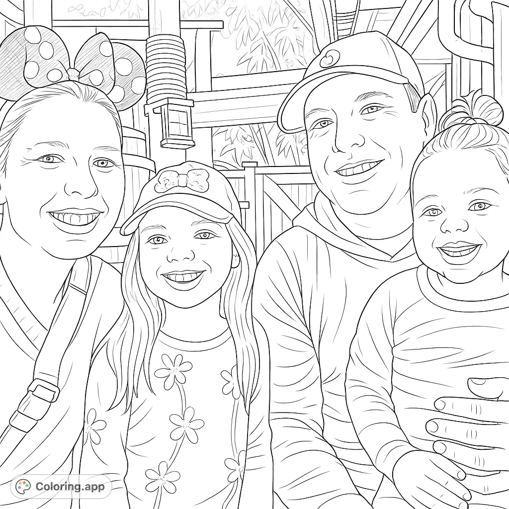 A heartwarming family portrait coloring page featuring two adults and two children smiling, set against a fun, detailed background. Perfect for all ages!