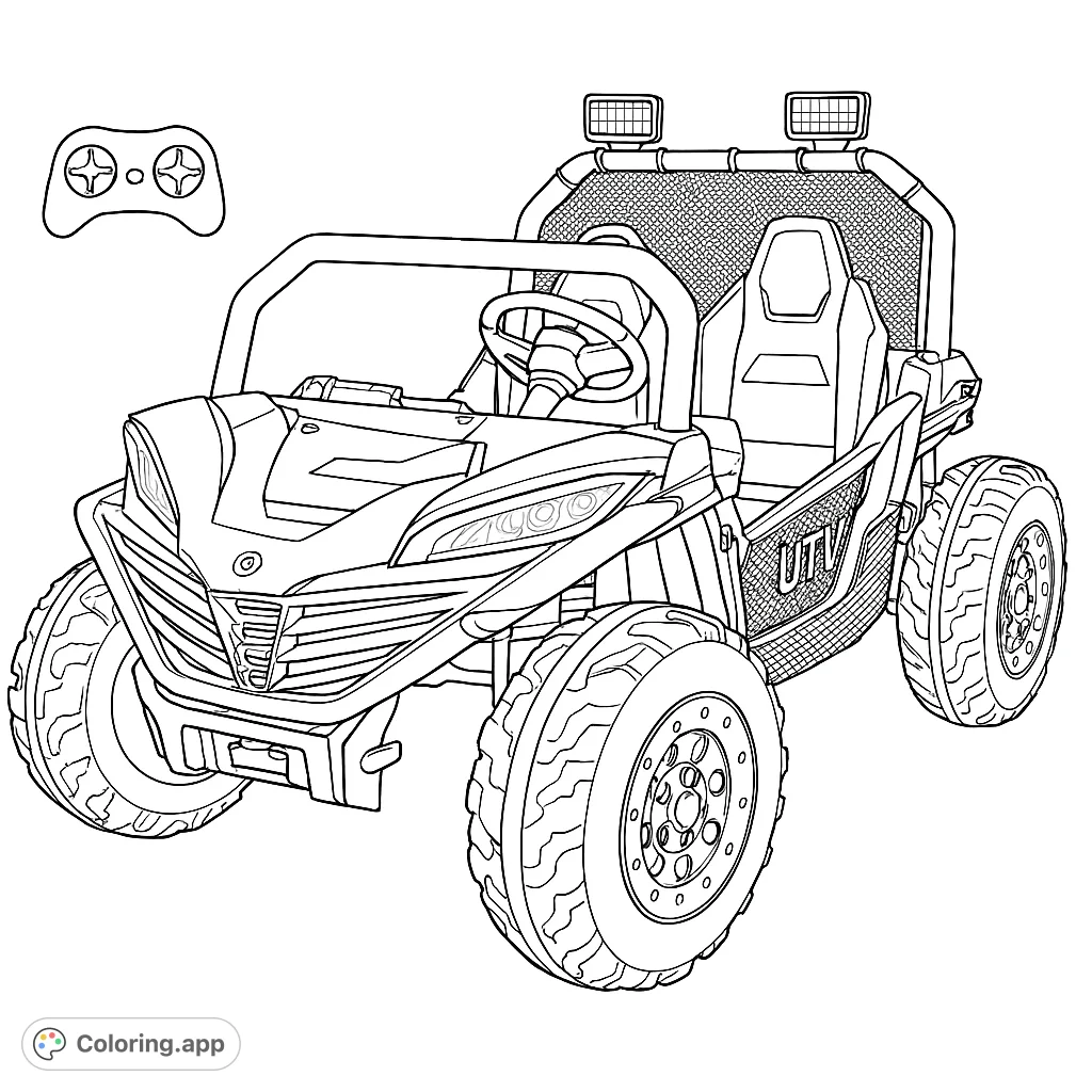 Unleash adventure with this rugged UTV coloring page, complete with a remote control. Perfect for vehicle enthusiasts and creative minds!