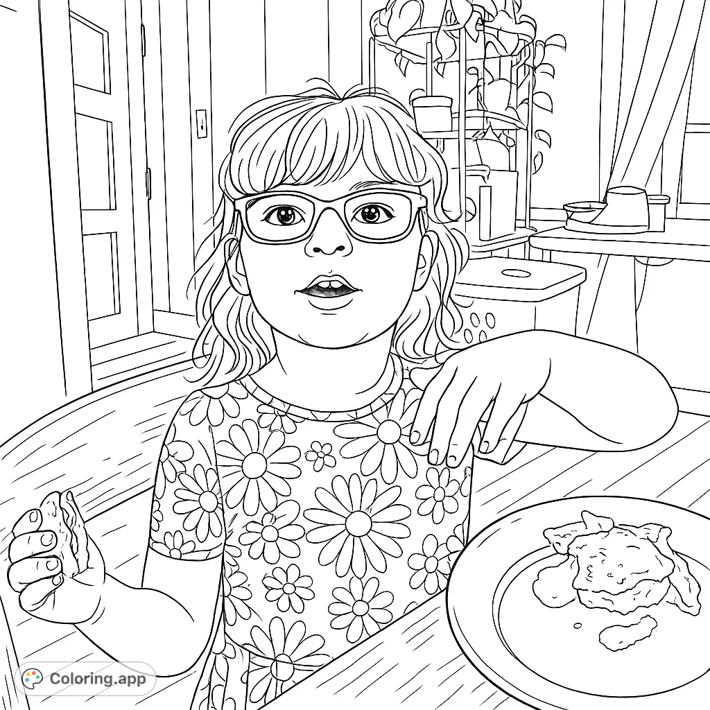 A charming girl in a daisy dress, wearing glasses, holds a snack at a table. Perfect for kids and adults to color, featuring a detailed home setting.