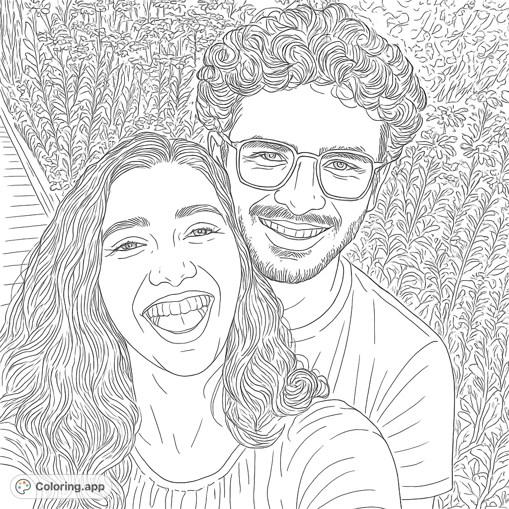 A heartwarming coloring page featuring a smiling couple amidst lush foliage. Perfect for celebrating love and friendship.