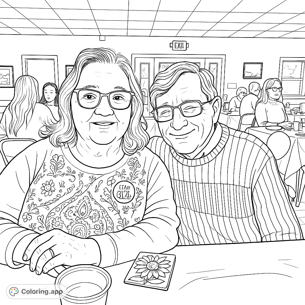 A heartwarming restaurant portrait of a smiling older couple, perfect for a free printable coloring page. Features intricate patterns and a cozy diner scene.