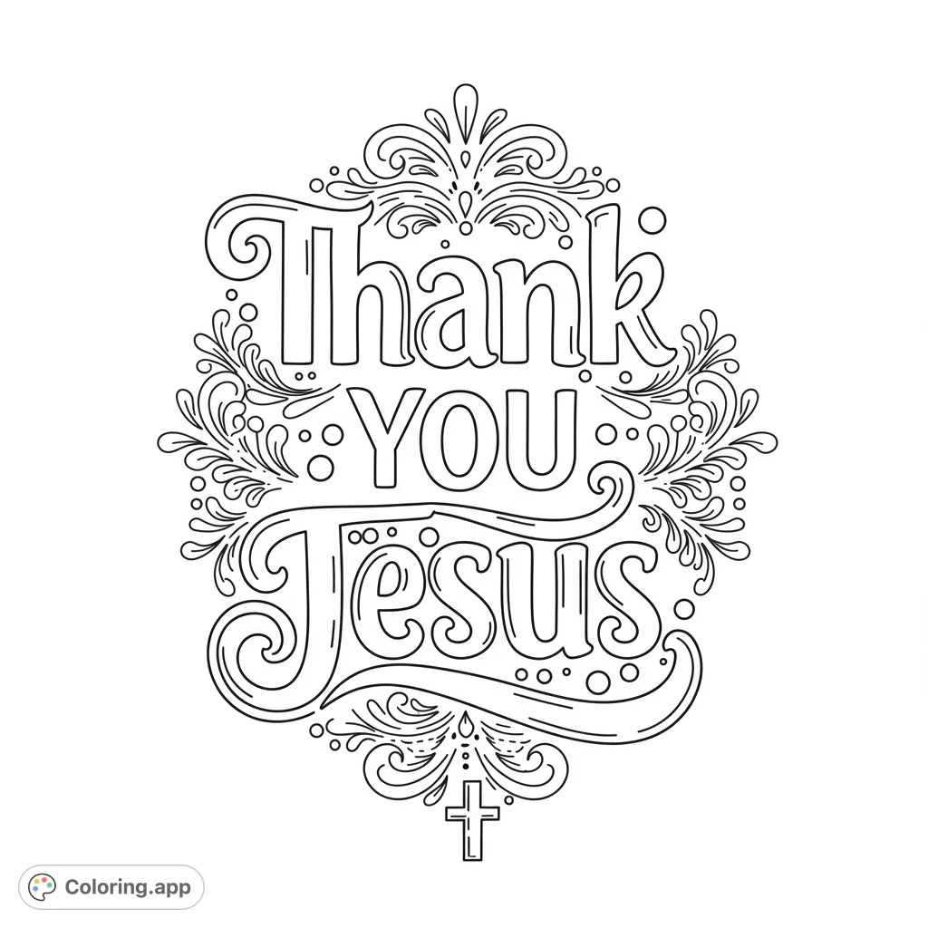 A beautiful religious coloring page featuring 'Thank YOU Jesus' in elegant script, surrounded by intricate floral flourishes and a cross. Perfect for spiritual reflection.