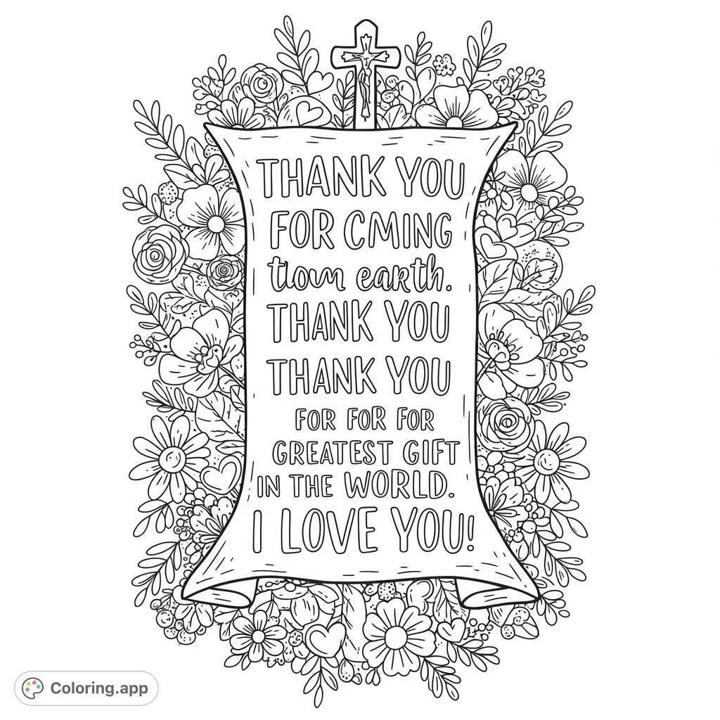 An intricate floral frame surrounds a central blank banner, topped by a crucifix, perfect for spiritual reflection and personalized messages.