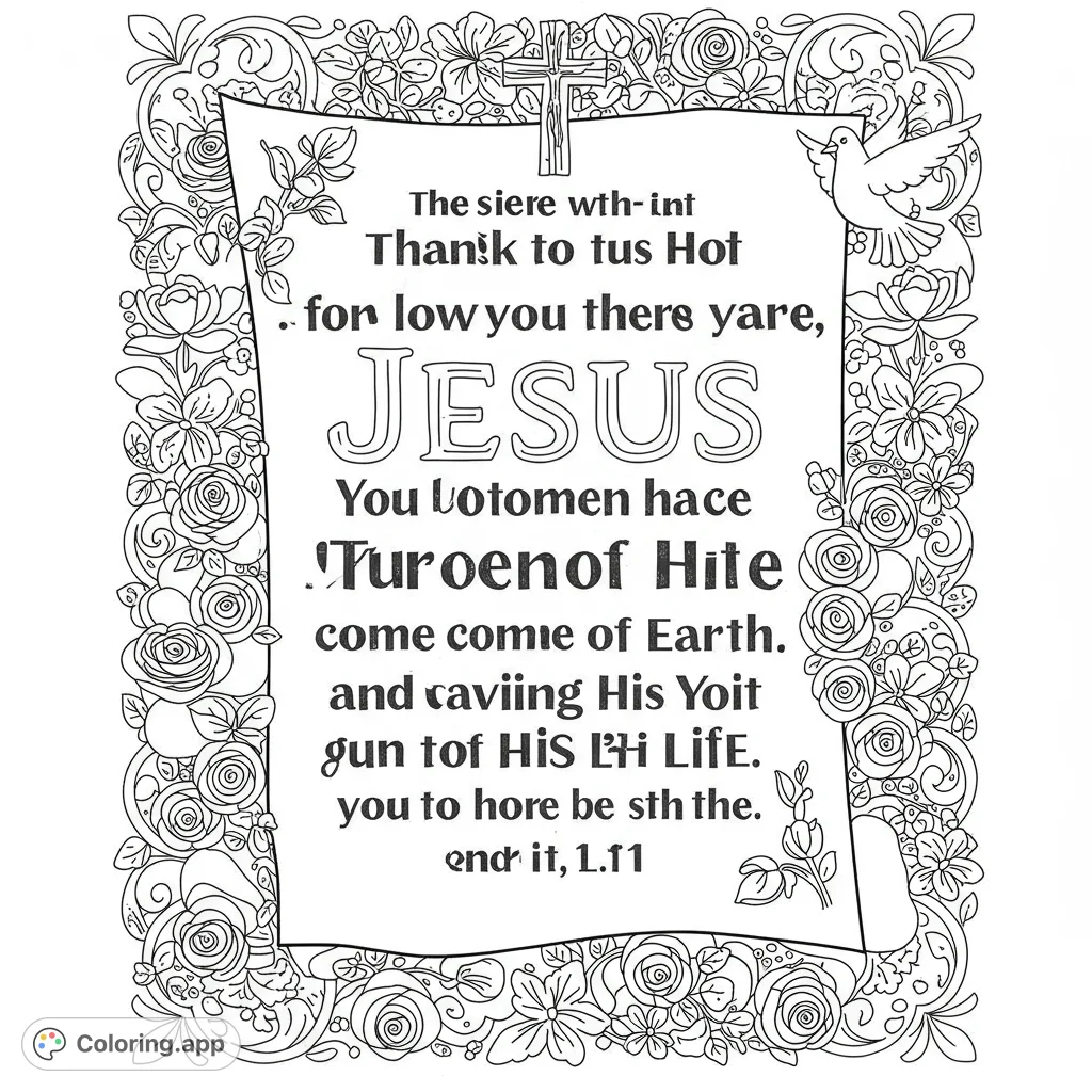 An ornate floral border frames a blank scroll, featuring a cross and a dove. A beautiful spiritual free printable coloring page.