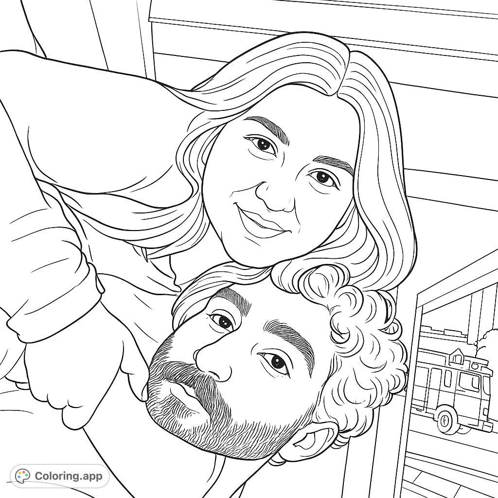 A heartwarming portrait of a couple, one resting on the other, with a detailed background. Perfect for a romantic coloring page.