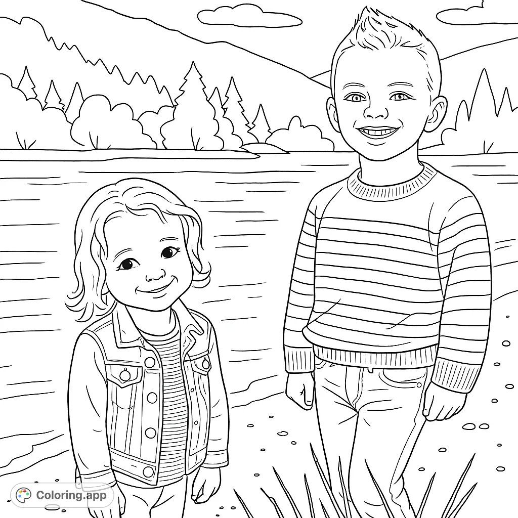 A delightful outdoor scene featuring two smiling children by a lake with mountains and trees. Perfect for a free printable kids coloring page.