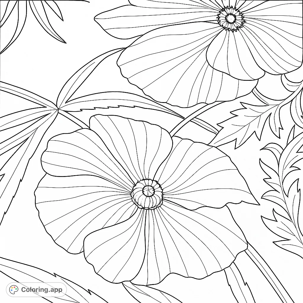 Intricate floral coloring page featuring large, detailed flowers and various leaves. A beautiful botanical coloring page for relaxation and creative expression.