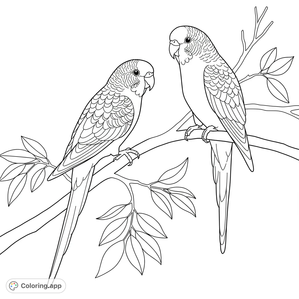A delightful budgerigar coloring page featuring two charming budgies perched on a leafy branch. Perfect free printable coloring page for bird lovers of all ages.