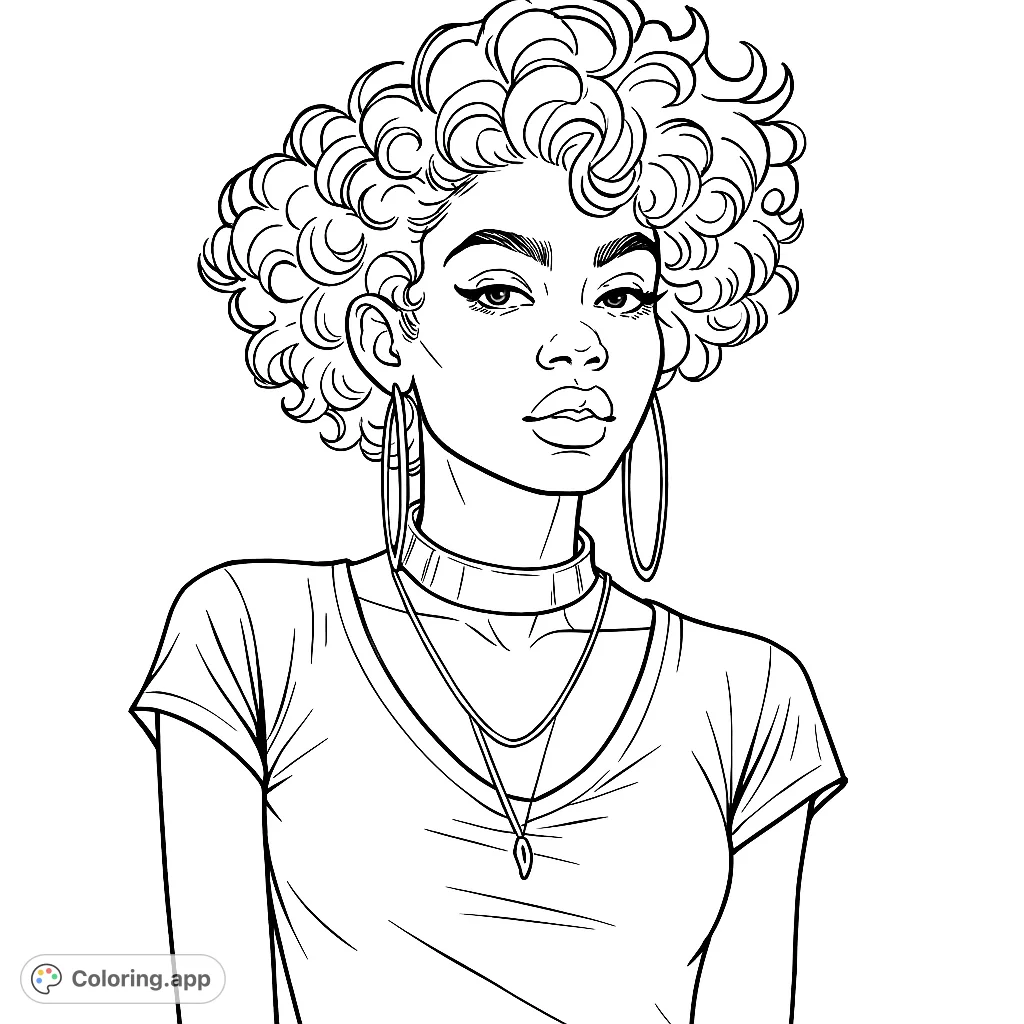 A stylish woman with voluminous curly hair, hoop earrings, and layered necklaces, perfect for a modern portrait coloring page.