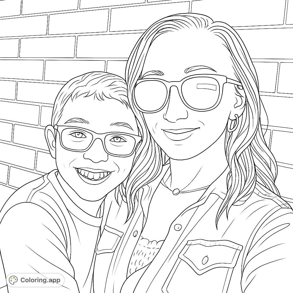 A heartwarming portrait of a smiling woman and child wearing glasses against a brick wall. Perfect for a family-themed coloring page.