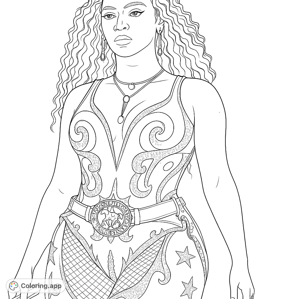 A regal woman in an ornate, swirling patterned outfit with a horse-motif belt and curly hair. A detailed and elegant free printable coloring page for adults.
