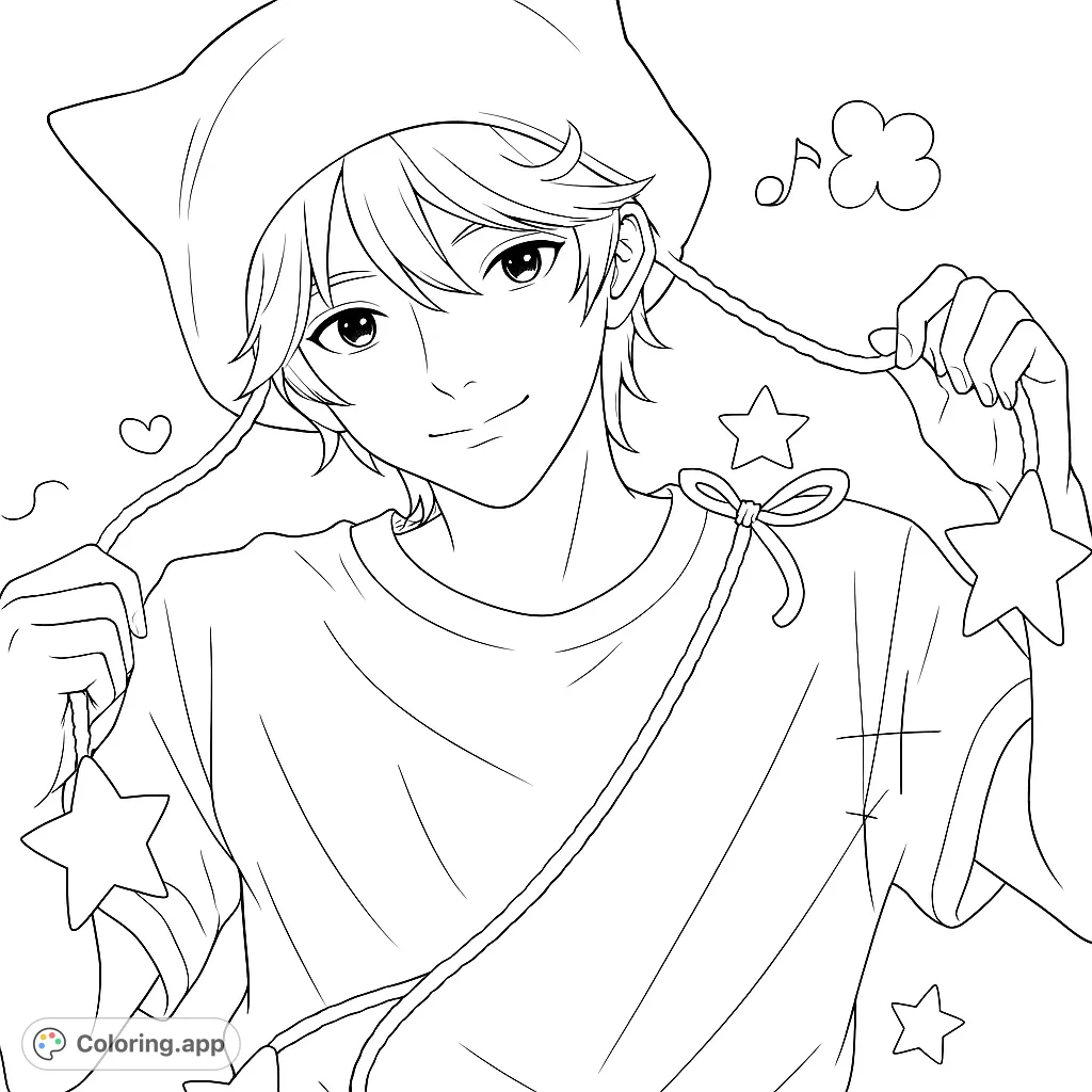 Color a charming figure wearing a unique star-shaped hat, adorned with playful details. A delightful and whimsical scene perfect for creative expression.