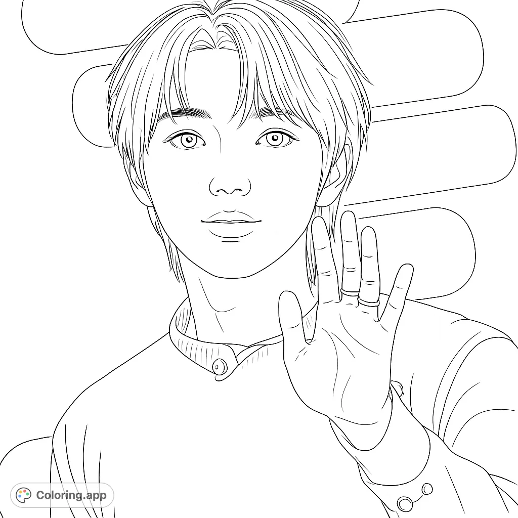 Color a charming portrait of a young person with expressive eyes, waving hello. Features intricate hair, detailed clothing, and abstract background shapes.