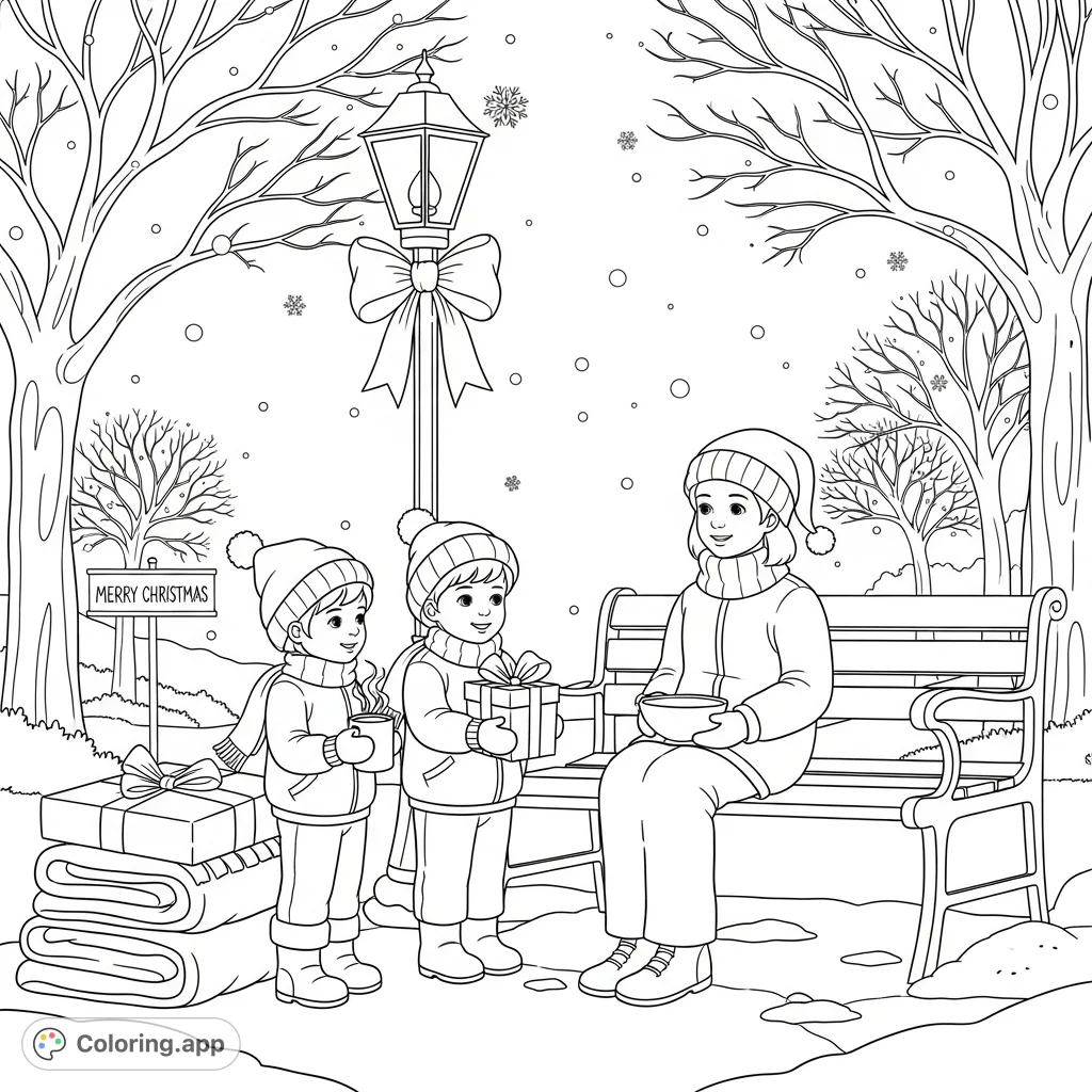 A heartwarming Christmas coloring page showing children sharing gifts and food with a person experiencing homelessness amidst a snowy holiday scene. Promotes kindness and generosity.