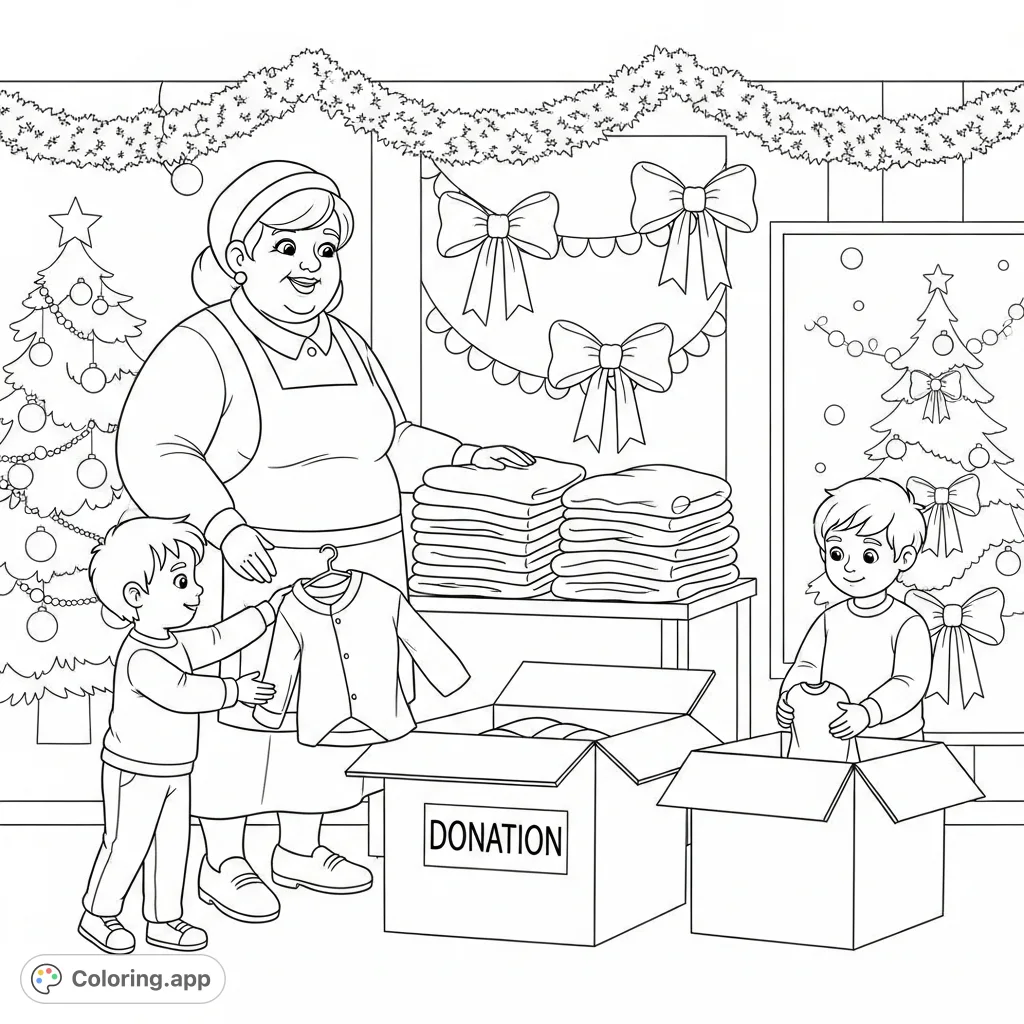 A heartwarming Christmas scene showing children and a jolly woman donating clothes to charity, filled with festive cheer and generosity. Perfect for the holidays!