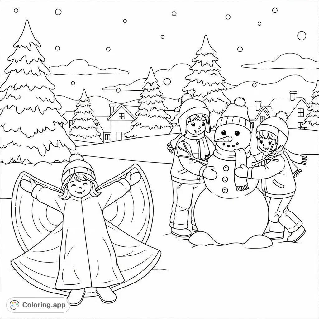 Capture the joy of a Christmas snow day with children making snow angels and building a snowman amidst a picturesque winter landscape. A perfect holiday coloring page.