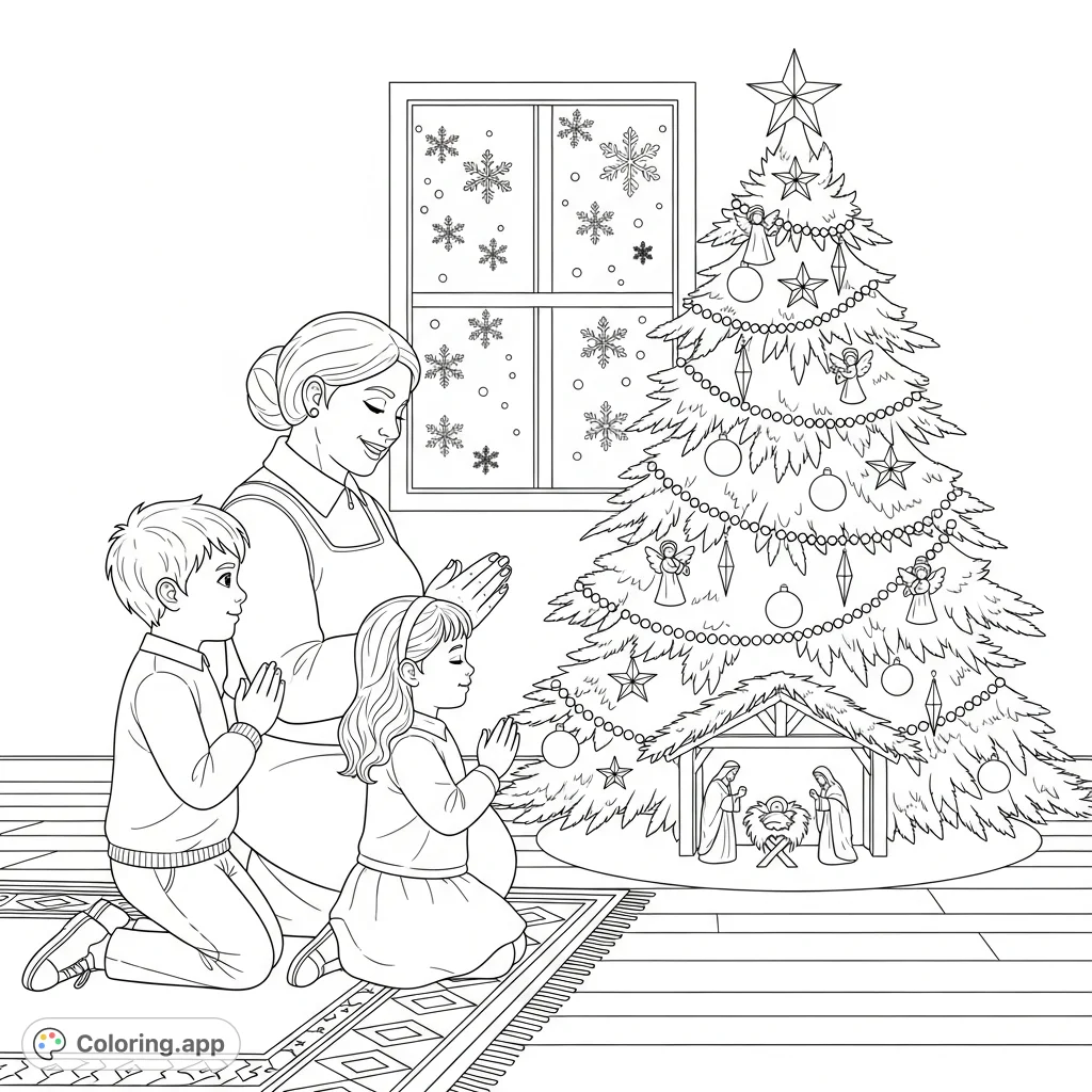 A heartwarming Christmas scene features a mother, boy, and girl kneeling in prayer beside a festive tree and nativity. Perfect for celebrating faith and family.