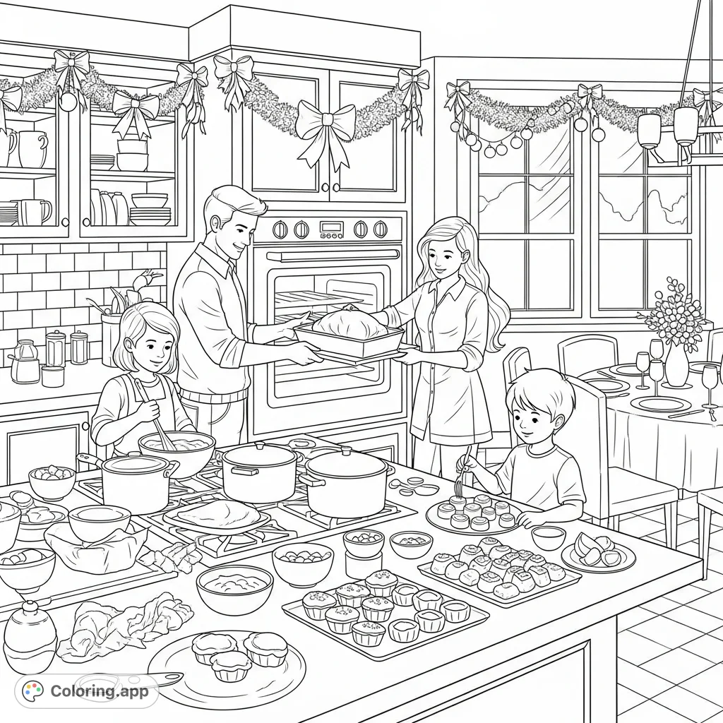 A heartwarming scene of a family preparing Christmas dinner in a festive kitchen, full of detailed holiday cheer and delicious treats.
