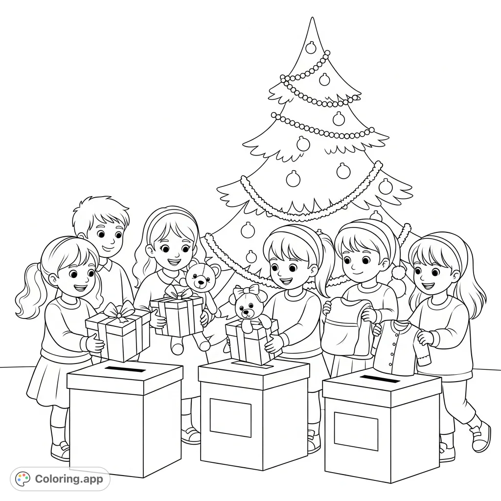 Kids spread holiday cheer by donating gifts and clothes to charity. A heartwarming Christmas coloring page celebrating generosity and community spirit.