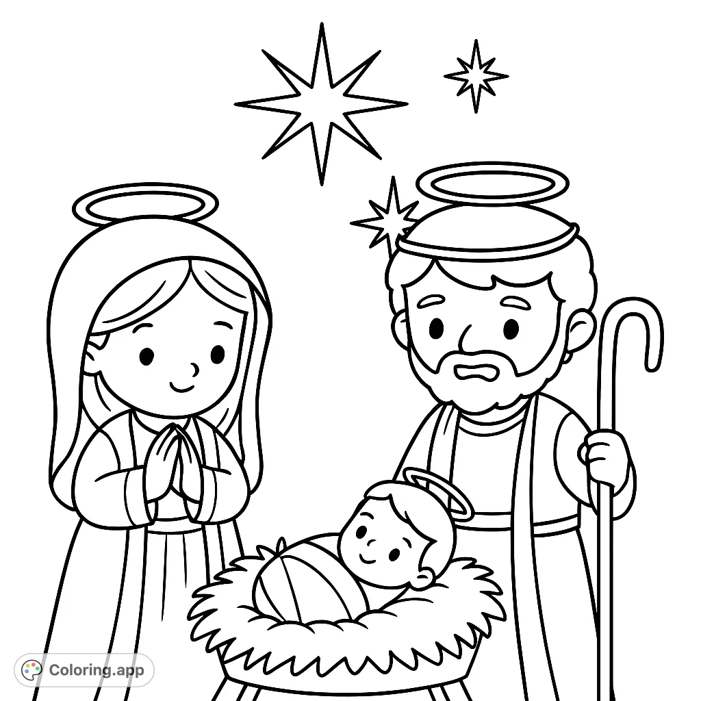 Bring the heartwarming Nativity scene to life with this charming coloring page featuring Mary, Joseph, and baby Jesus, surrounded by shining stars.