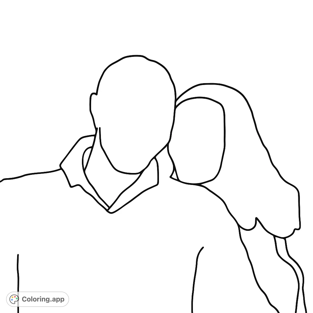 A tender, faceless couple embraces in a pure black and white line drawing, perfect for personalizing with your favorite colors. A free printable coloring page for all ages.