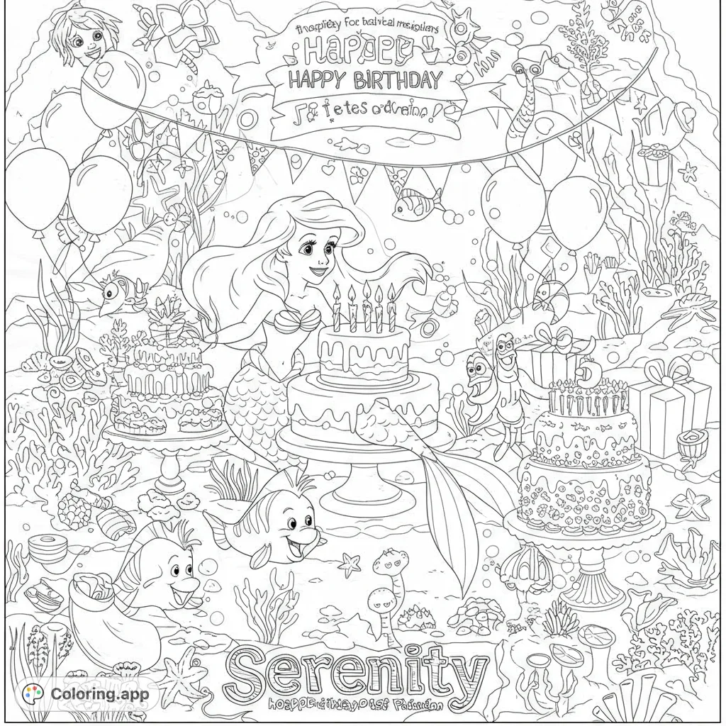 Dive into an enchanting mermaid birthday party! Color a cheerful mermaid, festive cakes, and playful sea friends in this delightful underwater scene.