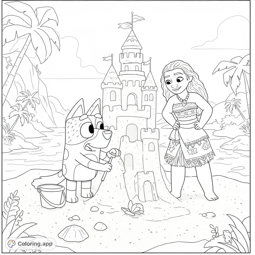 Join Bluey and Moana building an epic sandcastle on a sunny beach! A fun, free printable beach adventure coloring page for kids and adults.