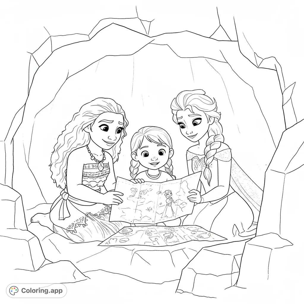 Three friends explore maps inside a rocky cave. A fun adventure coloring page for kids and adults, perfect for imaginative play.