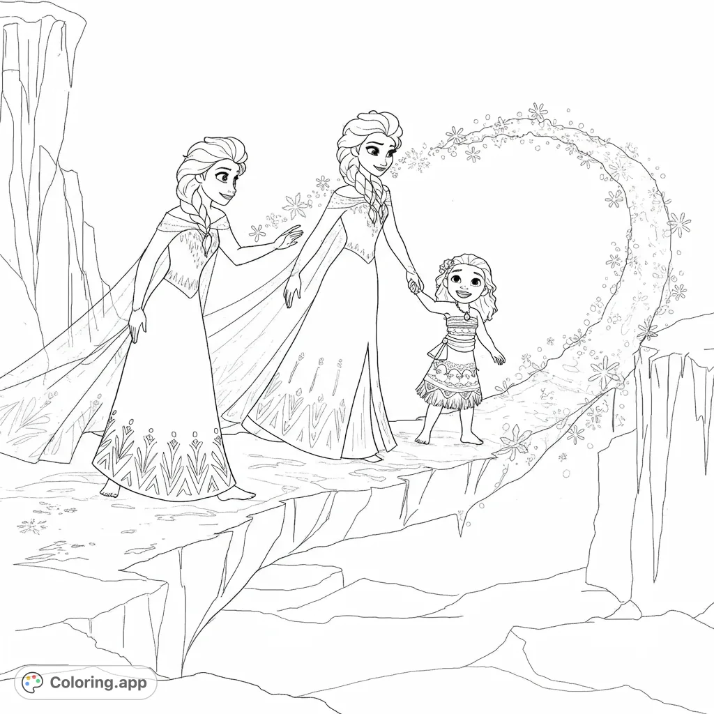 Join two ice queens and an island princess on a magical journey across an enchanted ice path, surrounded by swirling snowflakes. A delightful fantasy adventure.