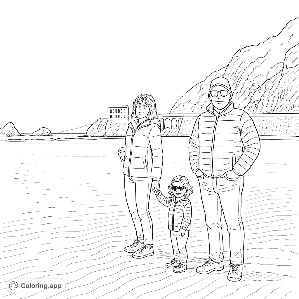 A family of three enjoys a sunny beach day with scenic cliffs and ocean views. Perfect for a relaxing coastal family coloring page.