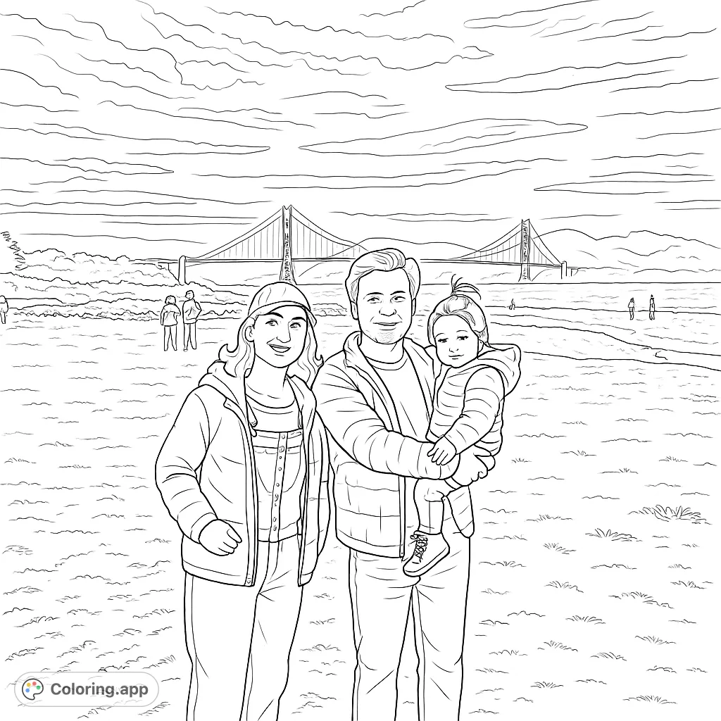 A heartwarming family portrait featuring parents and child with a famous bridge backdrop. Perfect for a memorable family coloring page adventure.