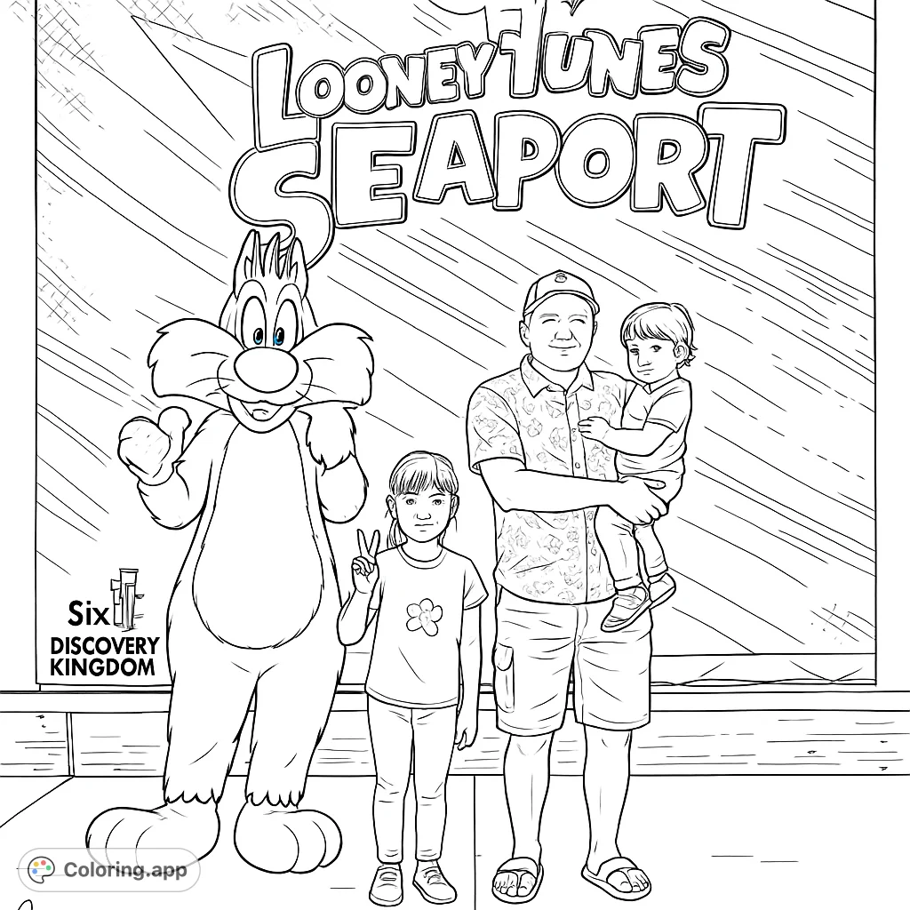 A delightful family coloring page featuring a friendly mascot, a dad holding a child, and a girl making a peace sign, perfect for a fun day out.