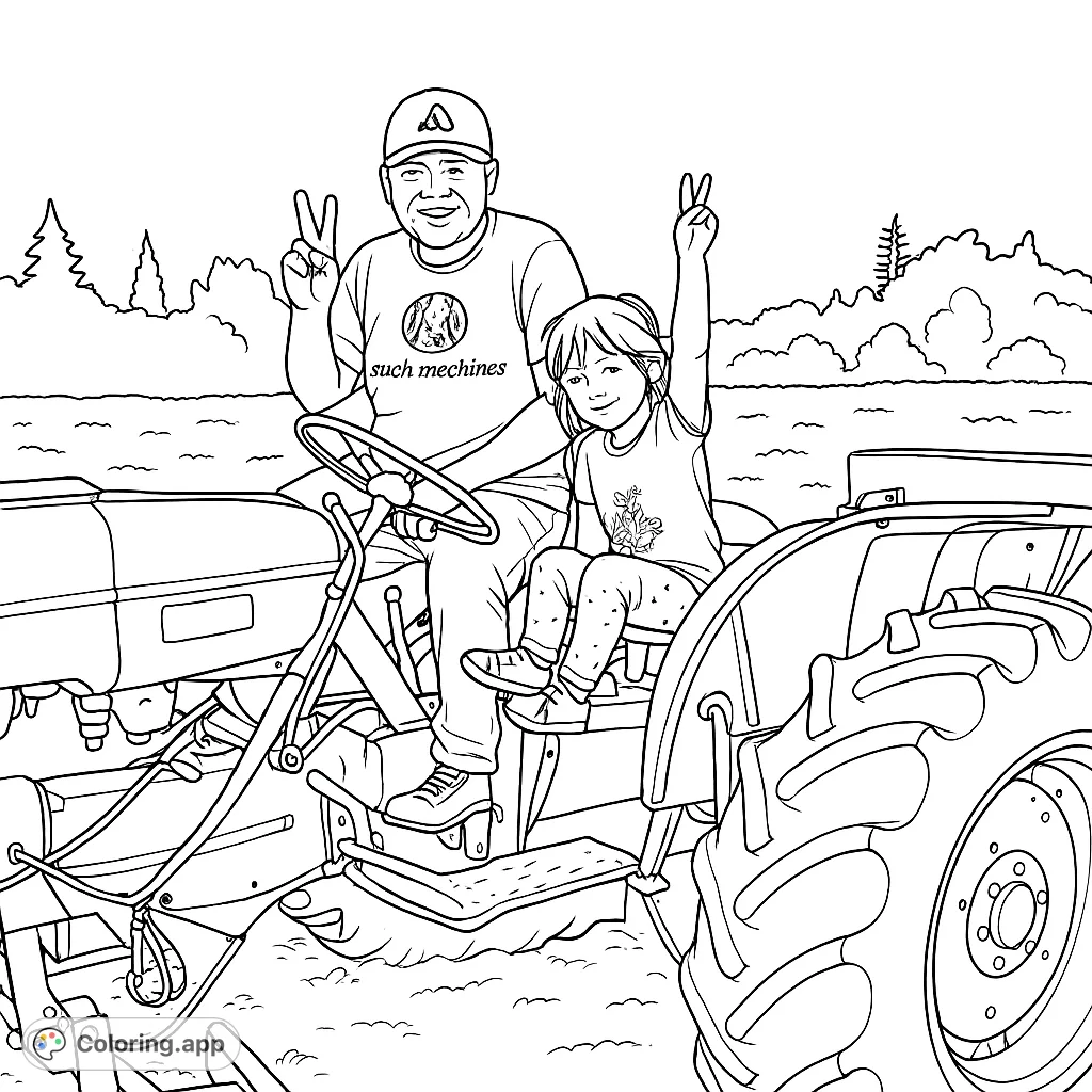 A heartwarming farm life coloring page featuring a man and child on a tractor, perfect for a free printable coloring page and family fun.