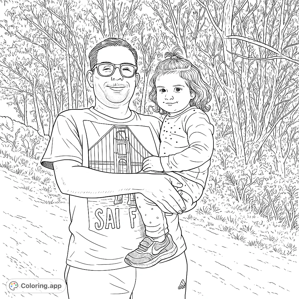 A heartwarming father and child forest coloring page. Features a smiling dad holding his daughter amidst detailed trees.