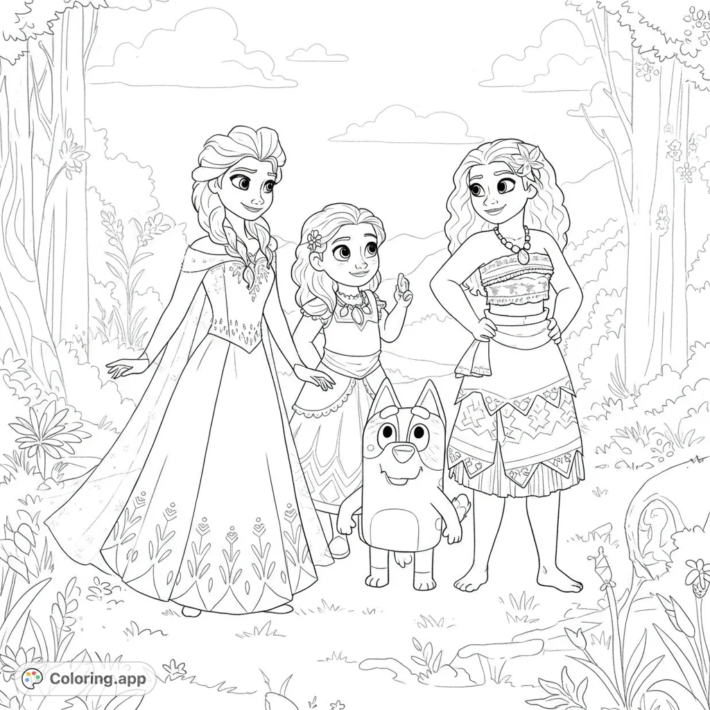 Join beloved characters in a magical forest adventure! This free printable coloring page features intricate details and a charming scene for all ages.