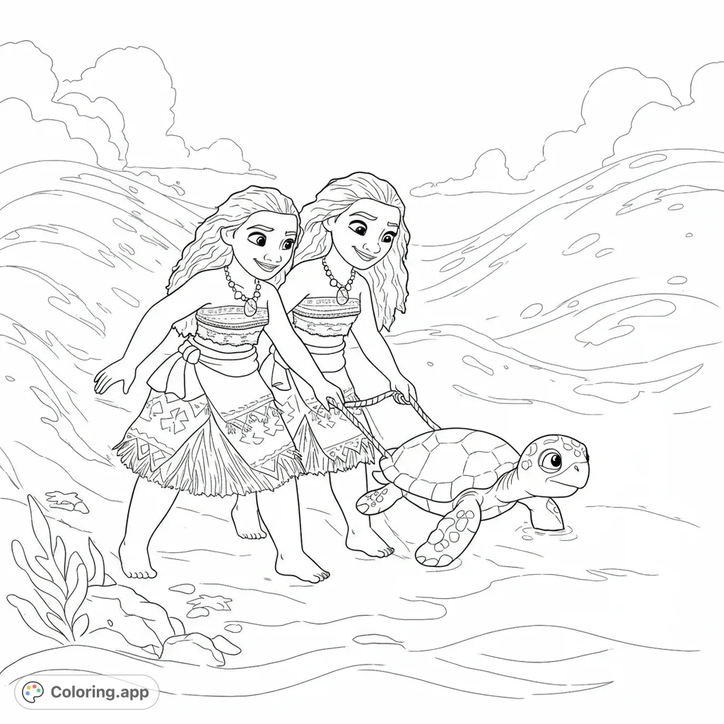 Two island girls guide a baby sea turtle to the ocean in this heartwarming scene. A free printable ocean adventure coloring page for kids.