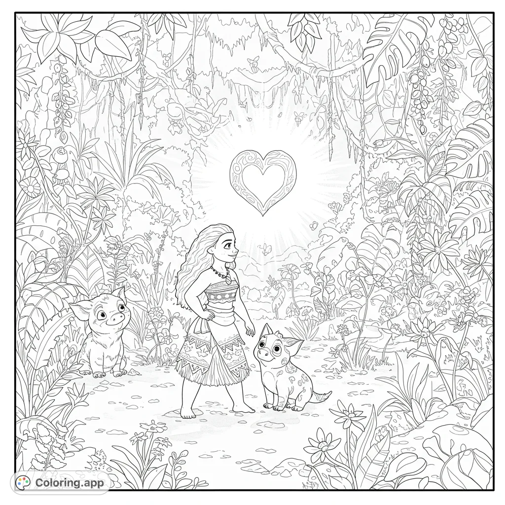 Island princess and animal friends explore a lush jungle, guided by a glowing heart. A free printable tropical adventure coloring page.
